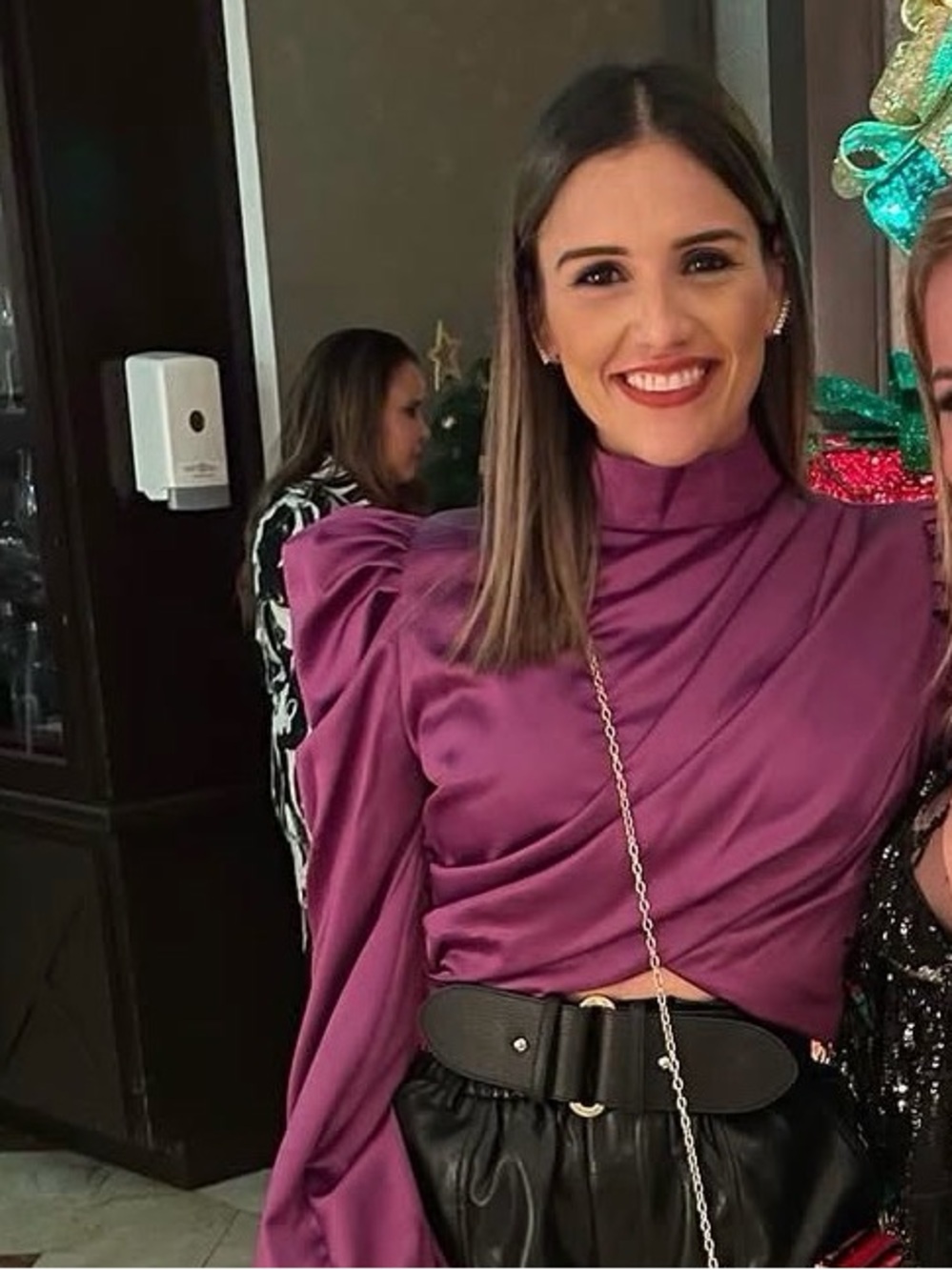 Satin Puff-Sleeve Crop Top Blouse in Vivid Purple - Picture 2 of 4